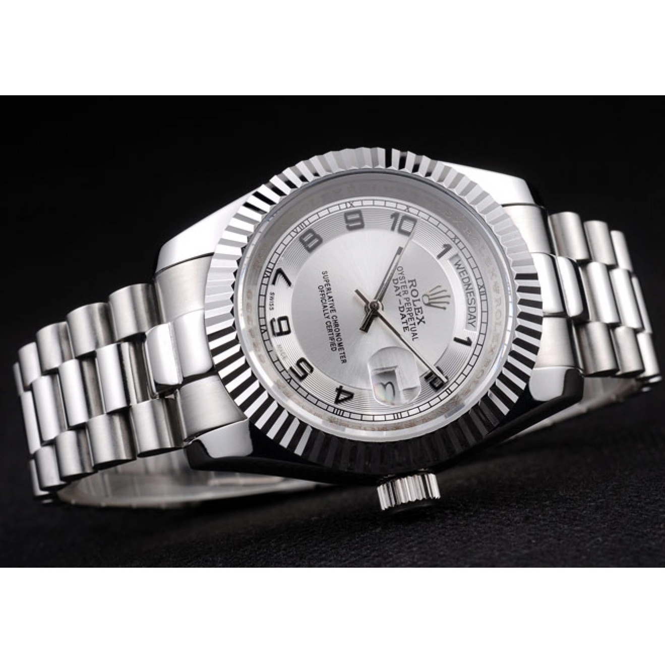Good Copy Rolex Watches White Stainless Dial Rolex Polished Steel Day-Date 0801